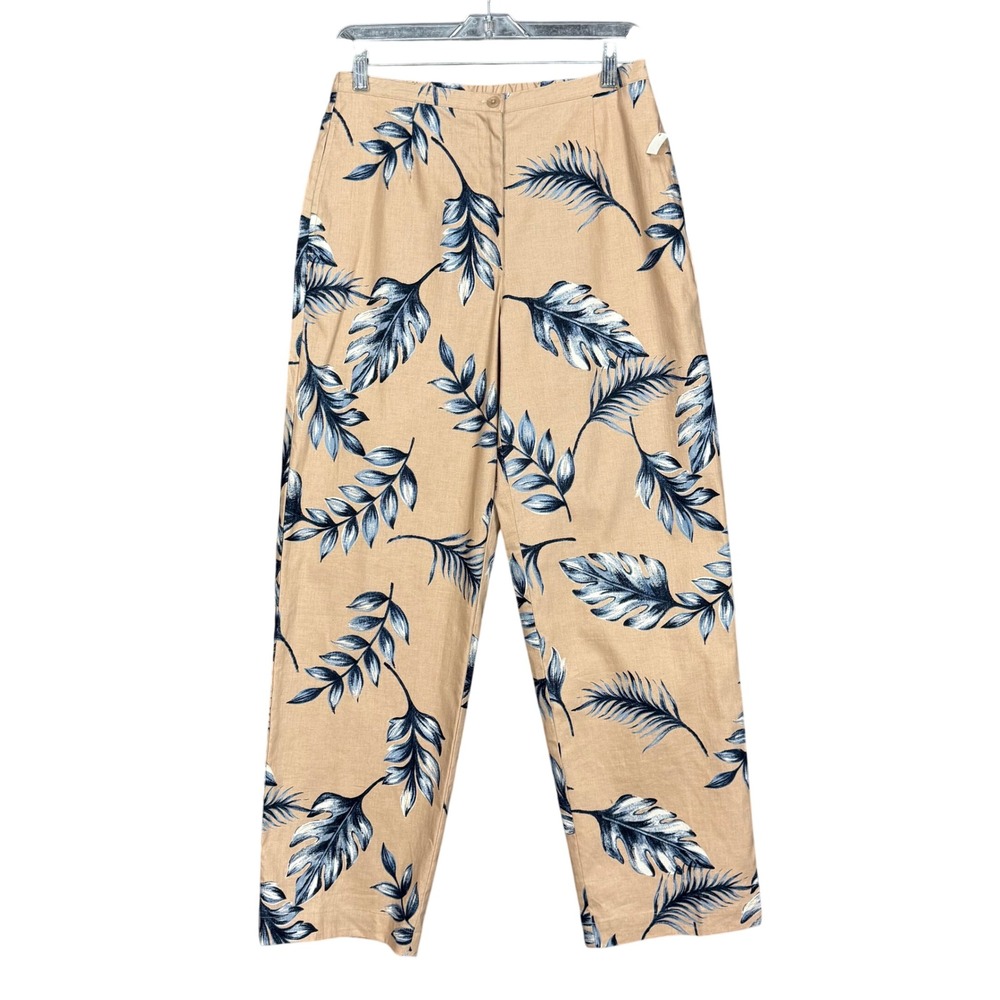 Talbots Pants Womens‎ 6 Tan Blue Tropical Leaf Print Linen Blend Straight Leg